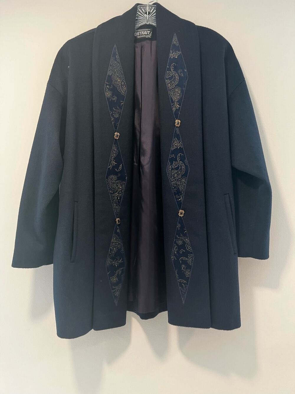 Vintage Portrait Wool Oversized Open Coat Navy Blue Sz XL